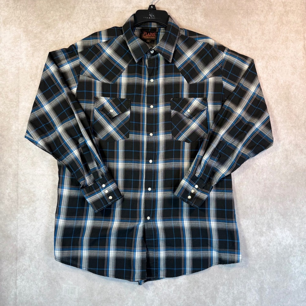 Plains Western Wear Shirt Men Large Black Blue Plaid Pearl Snap Western Yoke